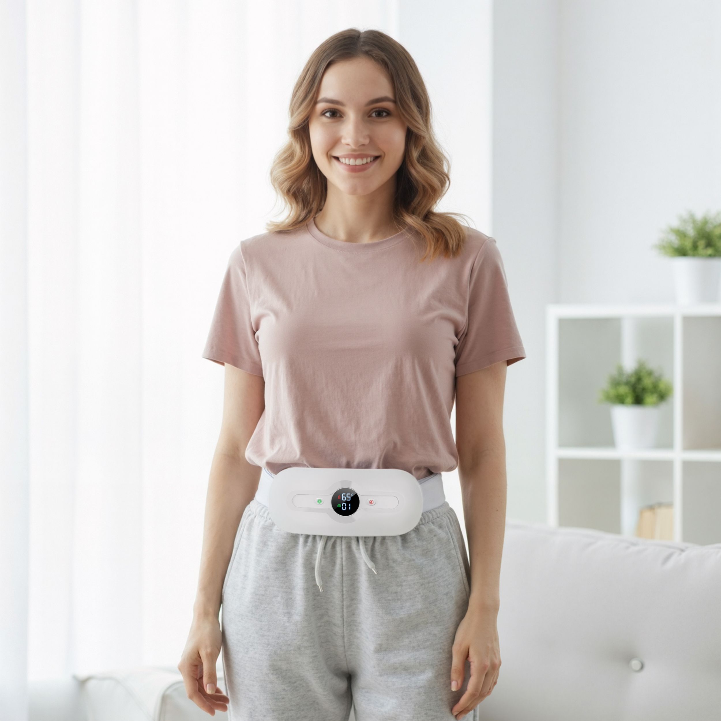Femme debout, portant une ceinture menstruelle blanche avec écran. Sourire à la caméra.