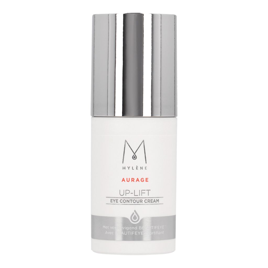 Flacon de crème avec bouchon argenté. Inscription: Mylène, Aurage, UP-LIFT Eye Contour Cream. Étiquette blanche avec logo et texte.