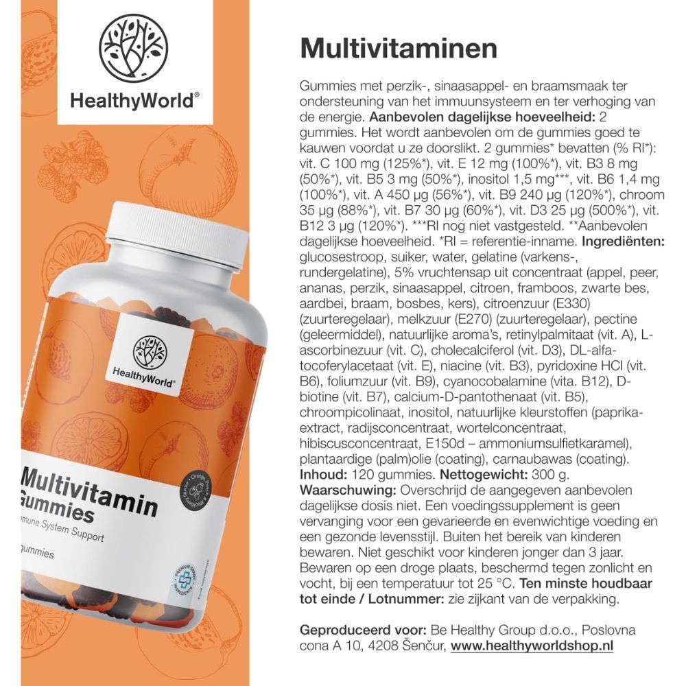 Fles met multivitamine gummies en tekst. Ingrediënten en voedingswaarde. Oranje achtergrond.