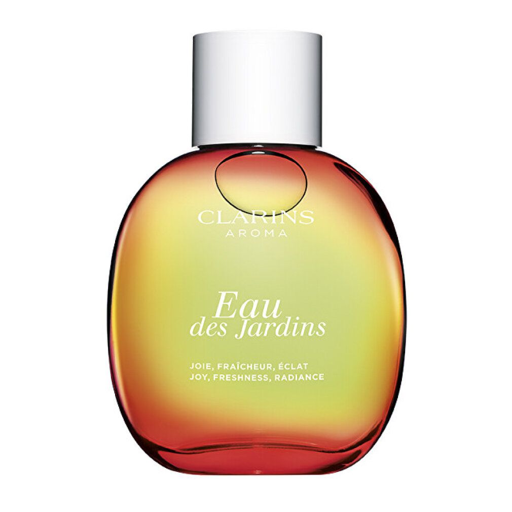 Flacon rond, bouchon blanc. Inscription: Eau des Jardins, Clarins Aroma. Dégradé jaune-rouge.