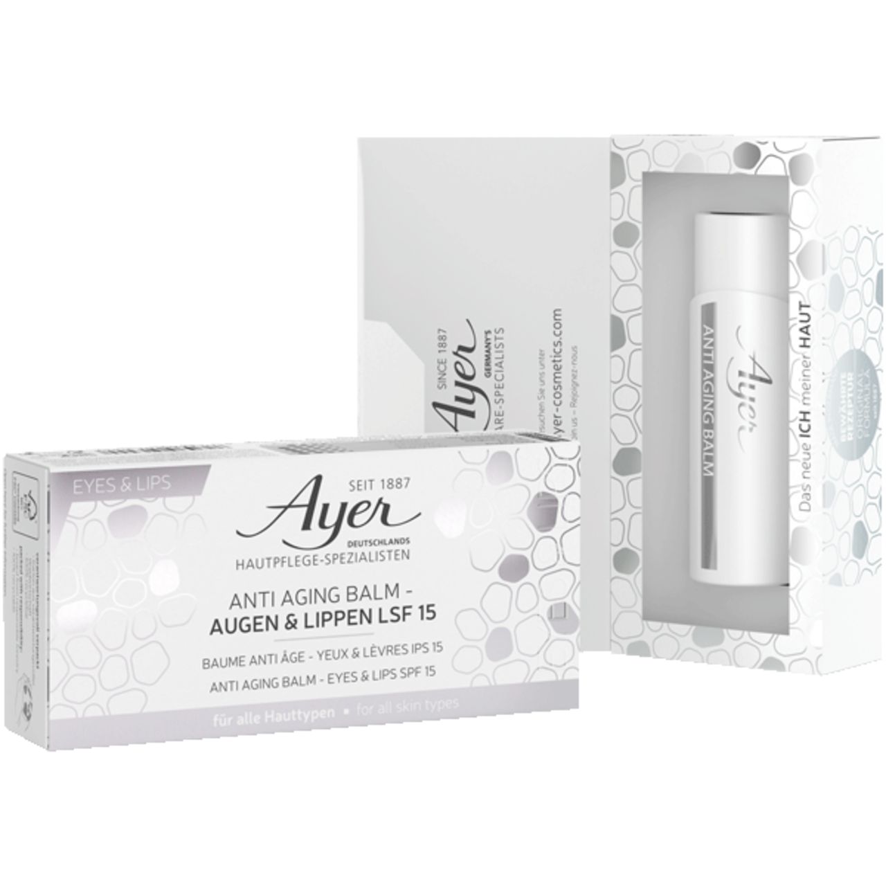Verpakking met oog- en lippenbalsem. Witte doos met productnaam en logo. Fles zichtbaar in venster.