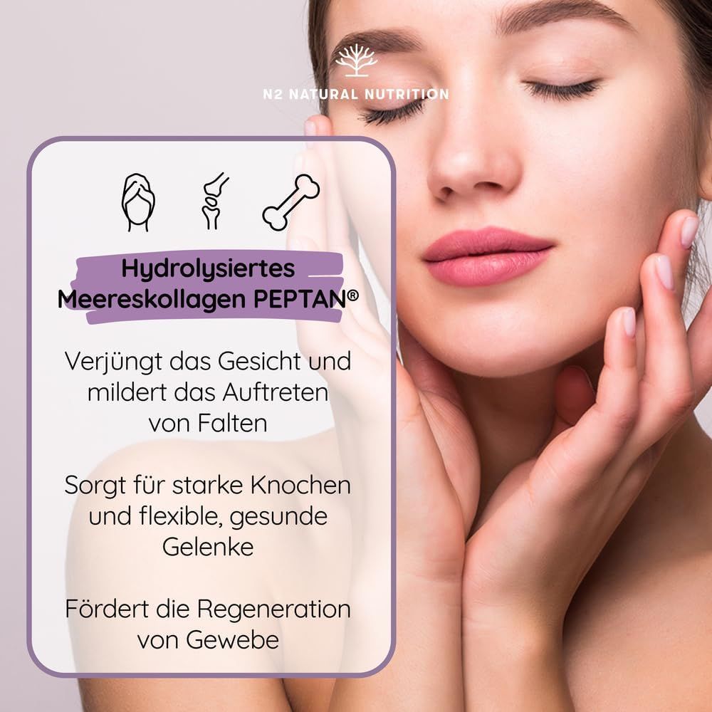 Vrouw raakt haar gezicht aan. Tekst: Gehydrolyseerd marien collageen PEPTAN®. Vermindert rimpels.