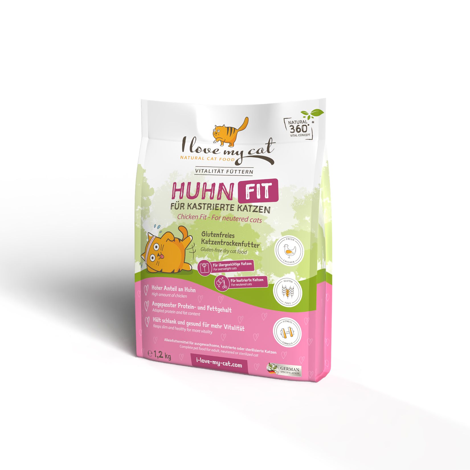 Roze en witte zak kattenvoer. Opschrift: I love my cat, Huhn Fit, voor gecastreerde katten. Bevat een kattenstripfiguur.