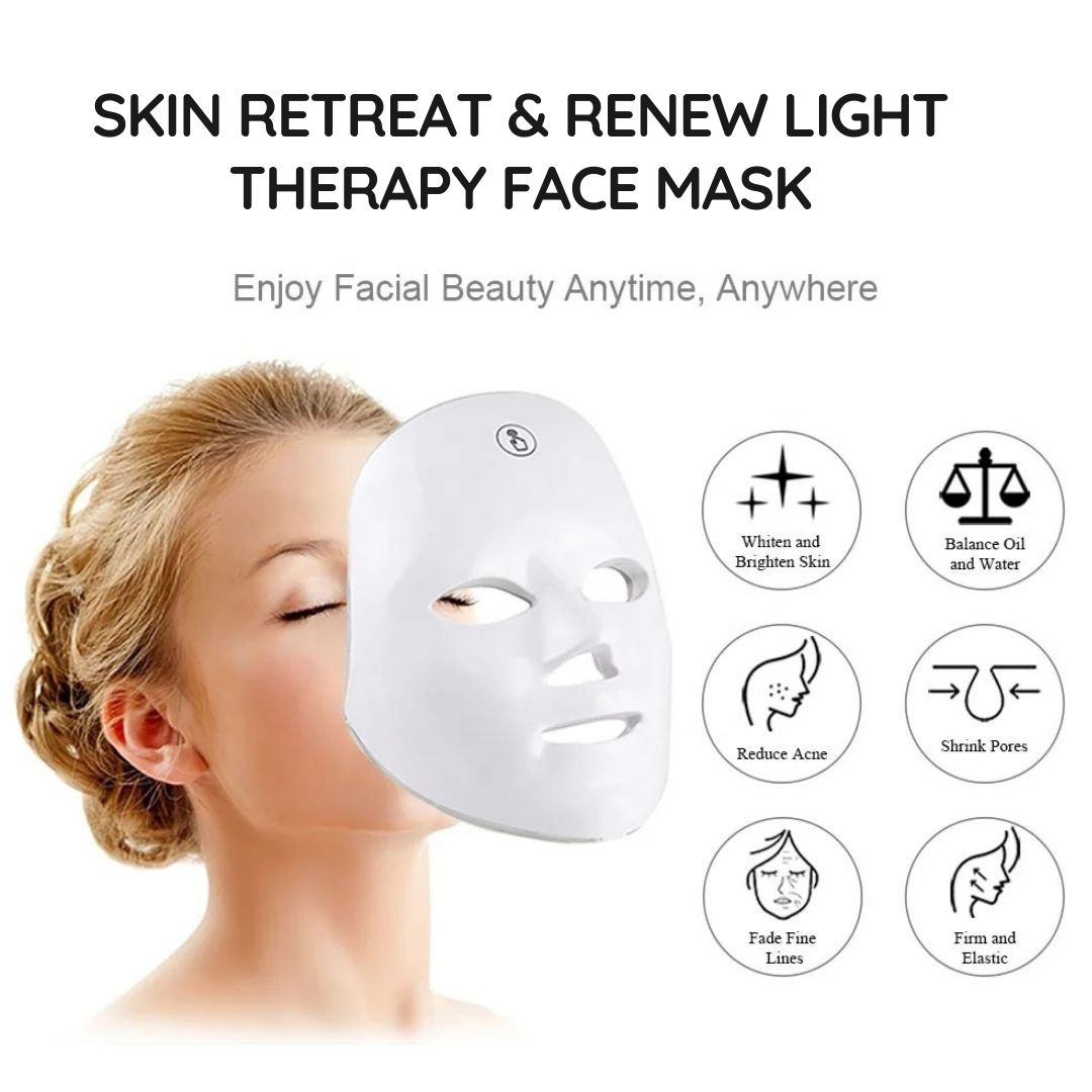 Masque facial blanc sur un visage. Texte et symboles indiquant les avantages.