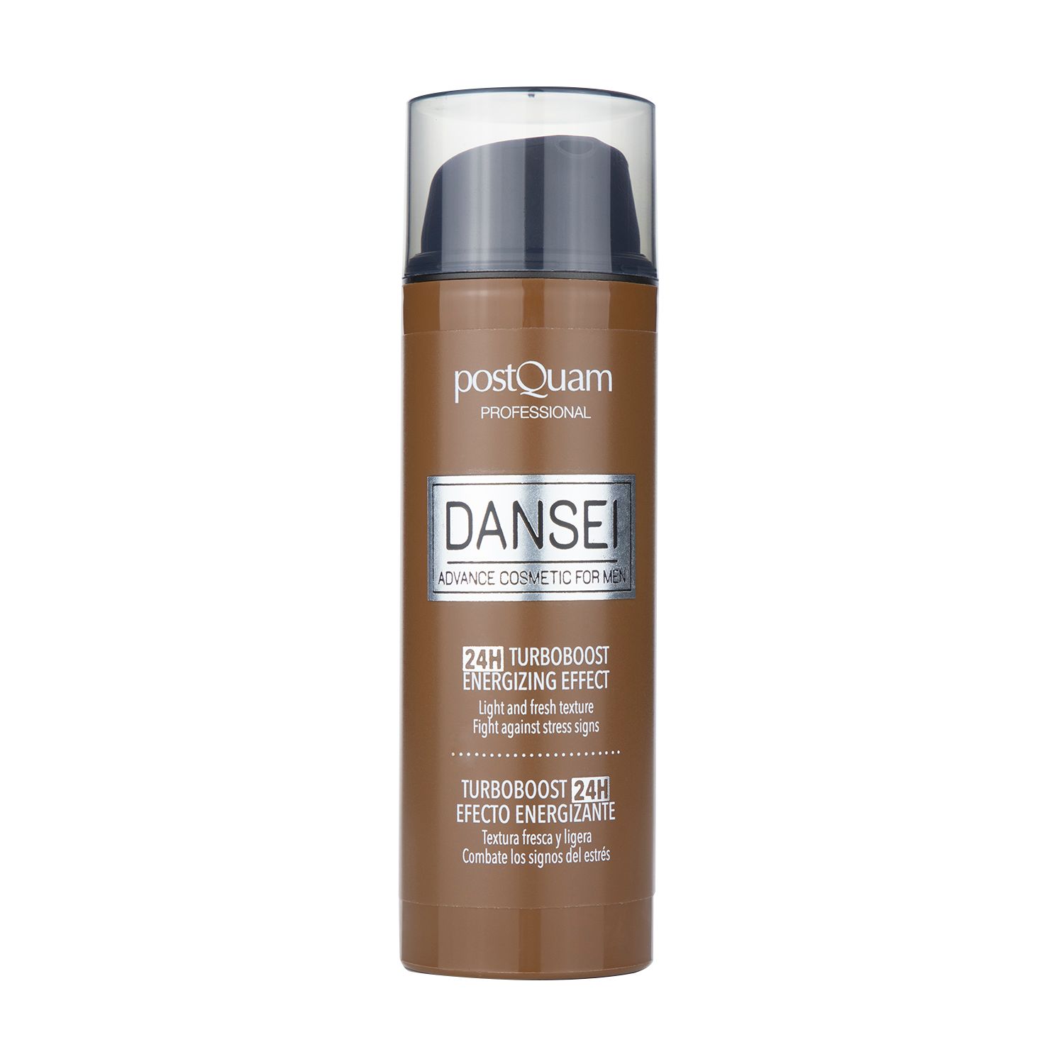 Flacon marron avec pompe doseuse. Texte: Postquam, Dansei, 24H Turbo Boost Energizing Effect.