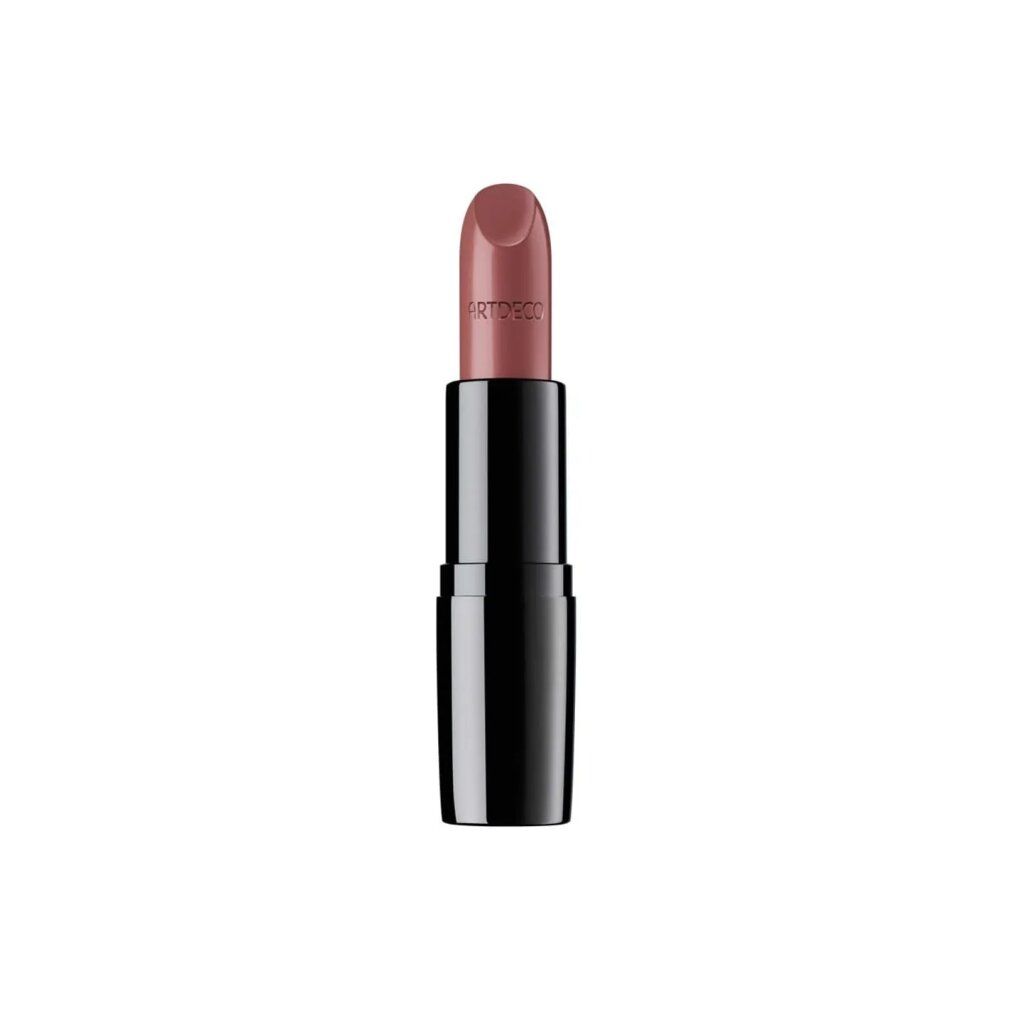 Lippenstift met zwarte huls. De lippenstift is gedeeltelijk uitgedraaid. Op de lippenstift staat "ARTDECO".
