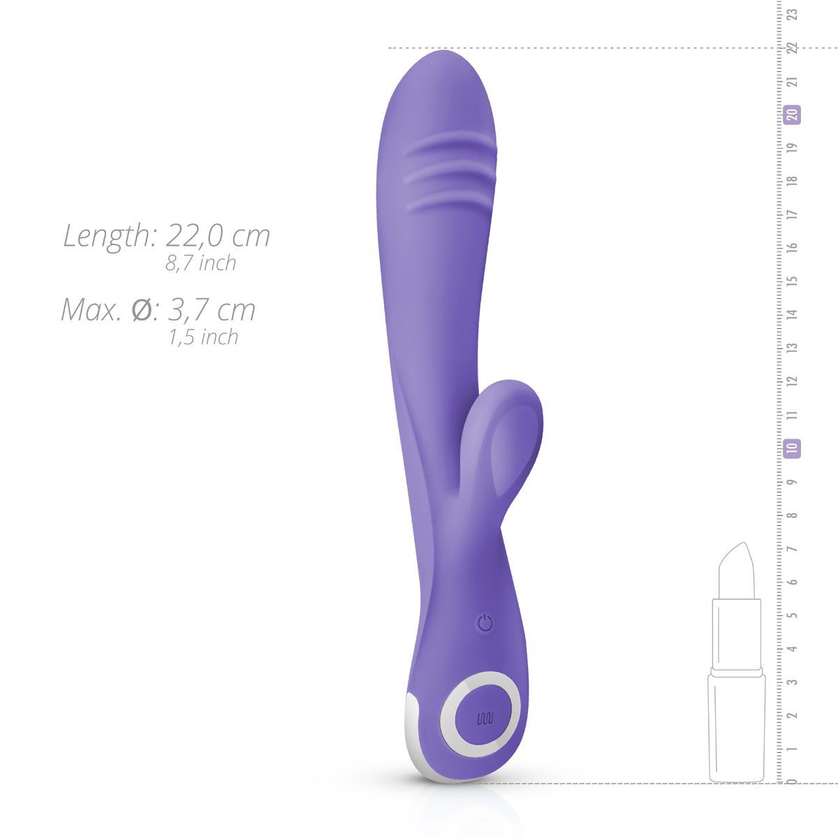 Vibrateur violet avec échelle de mesure. Longueur : 22,0 cm, Ø max. : 3,7 cm. Avec deux boutons.