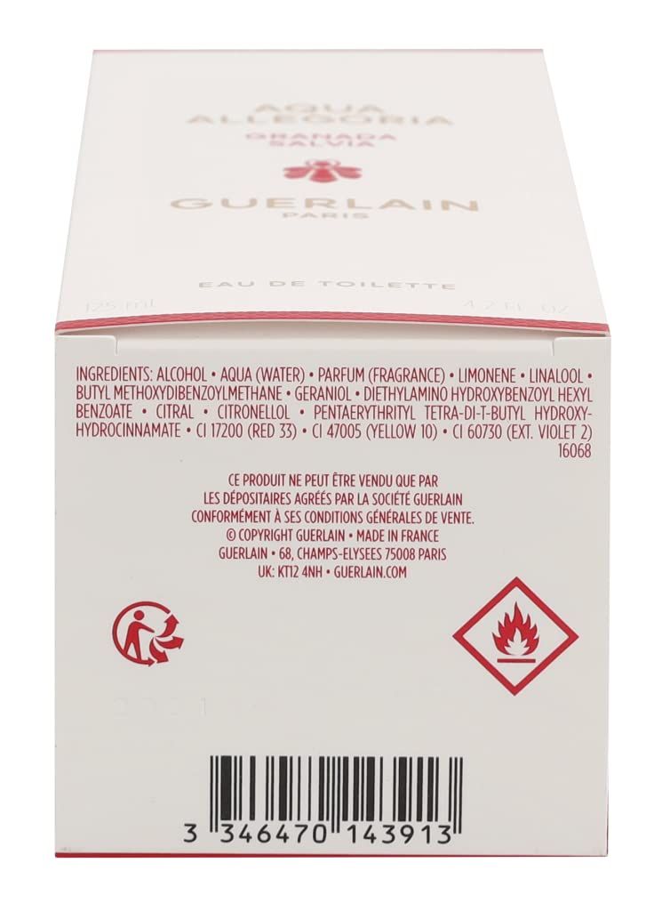 Verpakking. Aqua Allegoria. Guerlain. Ingrediënten. Streepjescode. Waarschuwing. Tekst in het Frans.