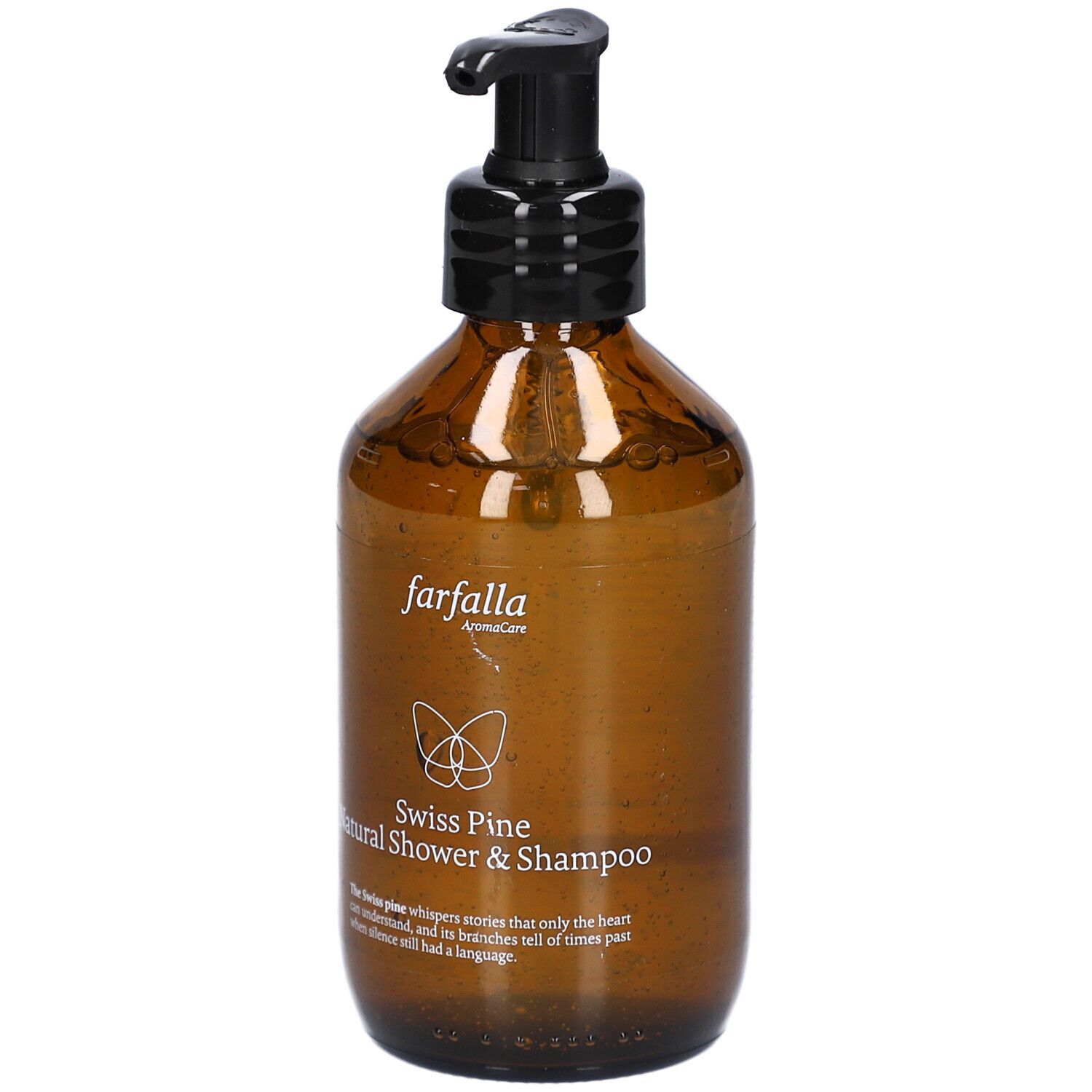 Flacon brun avec pompe noire. Inscription: Farfalla, Swiss Pine Natural Shower & Shampoo.