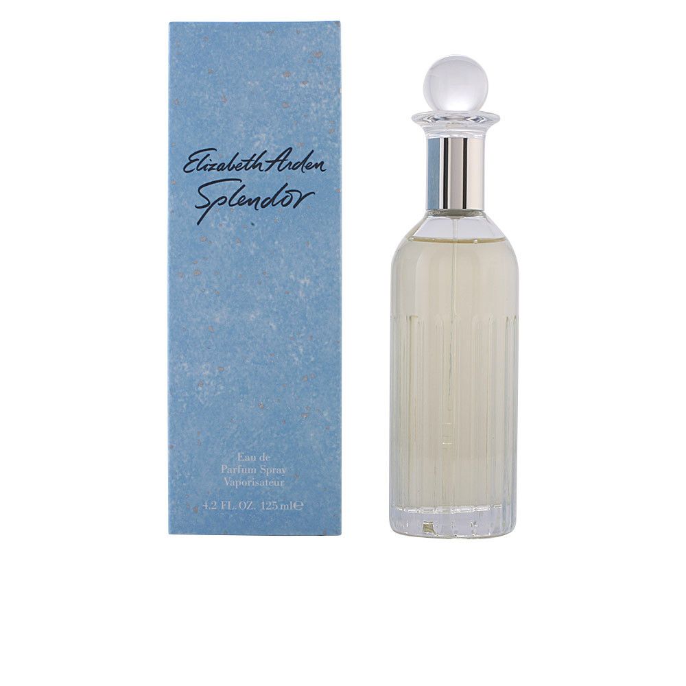 Flacon et boîte Elizabeth Arden Splendor. Flacon en verre clair, col argenté, bouchon boule. Boîte bleue avec texte.