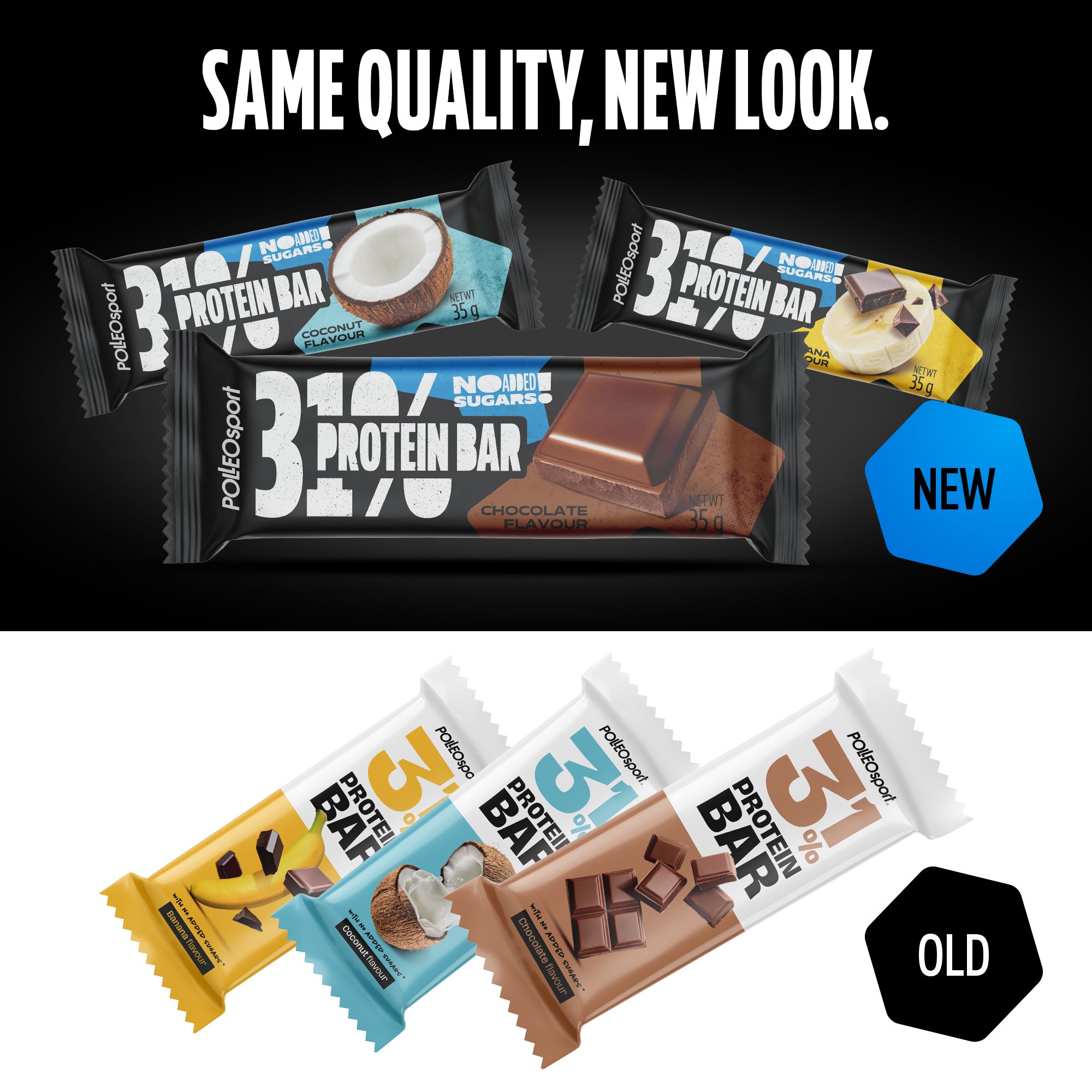 Meerdere eiwitbar verpakkingen met verschillende smaken. Logo en opschrift '31% Protein Bar'. Teksten 'NEW' en 'OLD'.