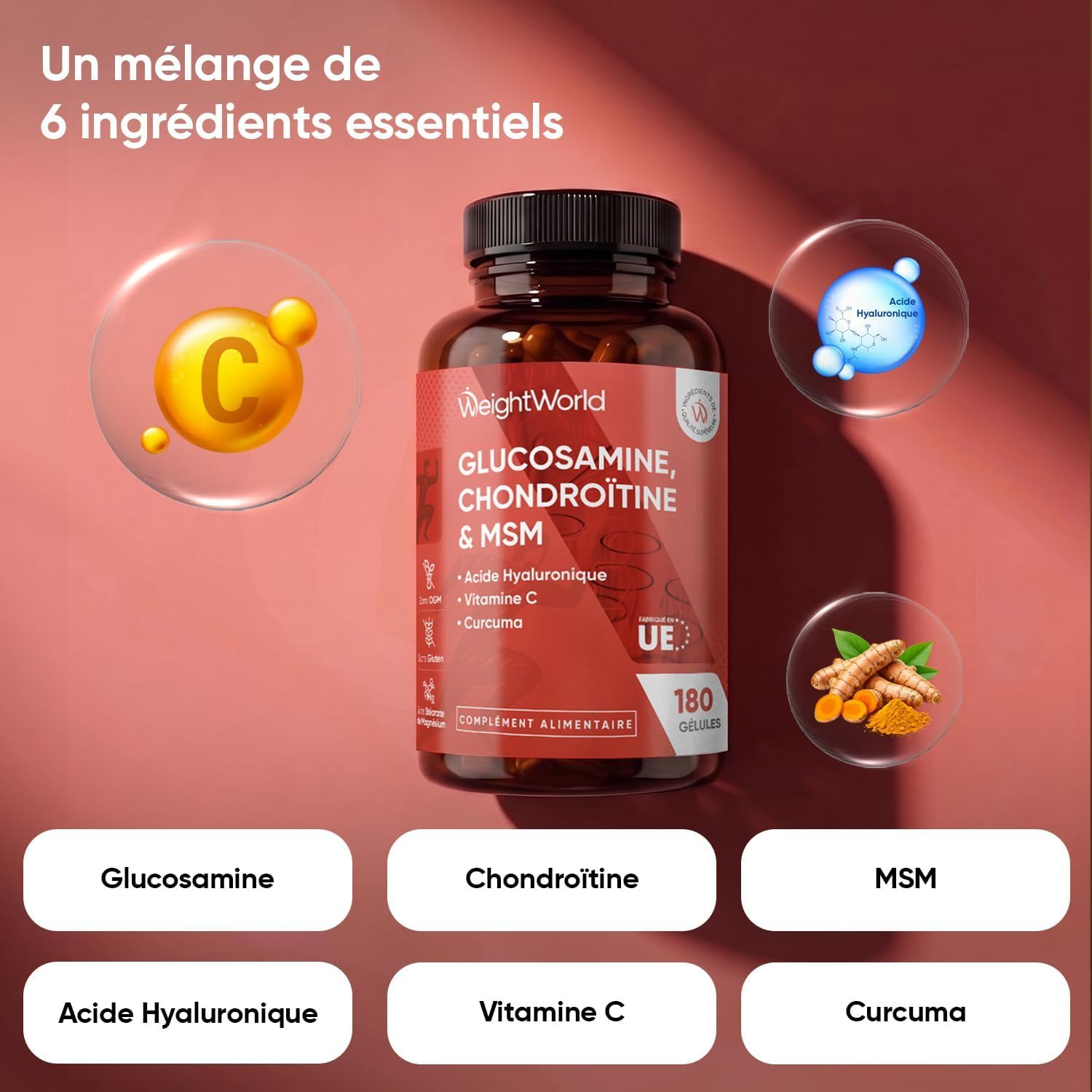 Bouteille WeightWorld Glucosamine, Chondroïtine & MSM complément alimentaire de 180 gélules.