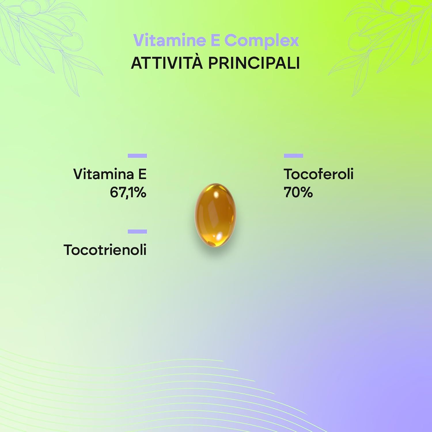 Une capsule ovale unique de couleur ambre contenant un complexe de vitamine E, de tocotriénols et de tocophérols.