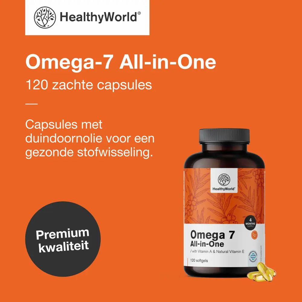 Productpresentatie: fles Omega-7 All-in-One, duindoorn tak, logo. Tekst: 120 zachte capsules.