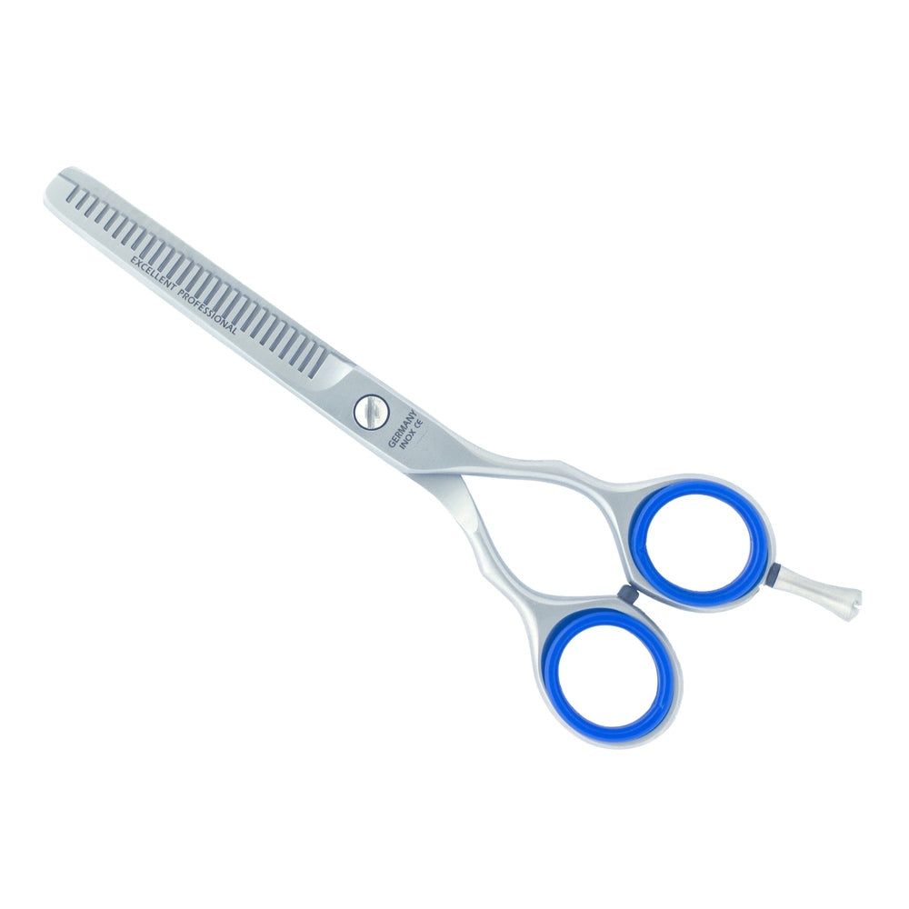 Ciseaux effileurs, dentelés des deux côtés. Acier inoxydable. Poignées avec anneaux bleus. Inscription "EXCELLENT PROFESSIONAL".