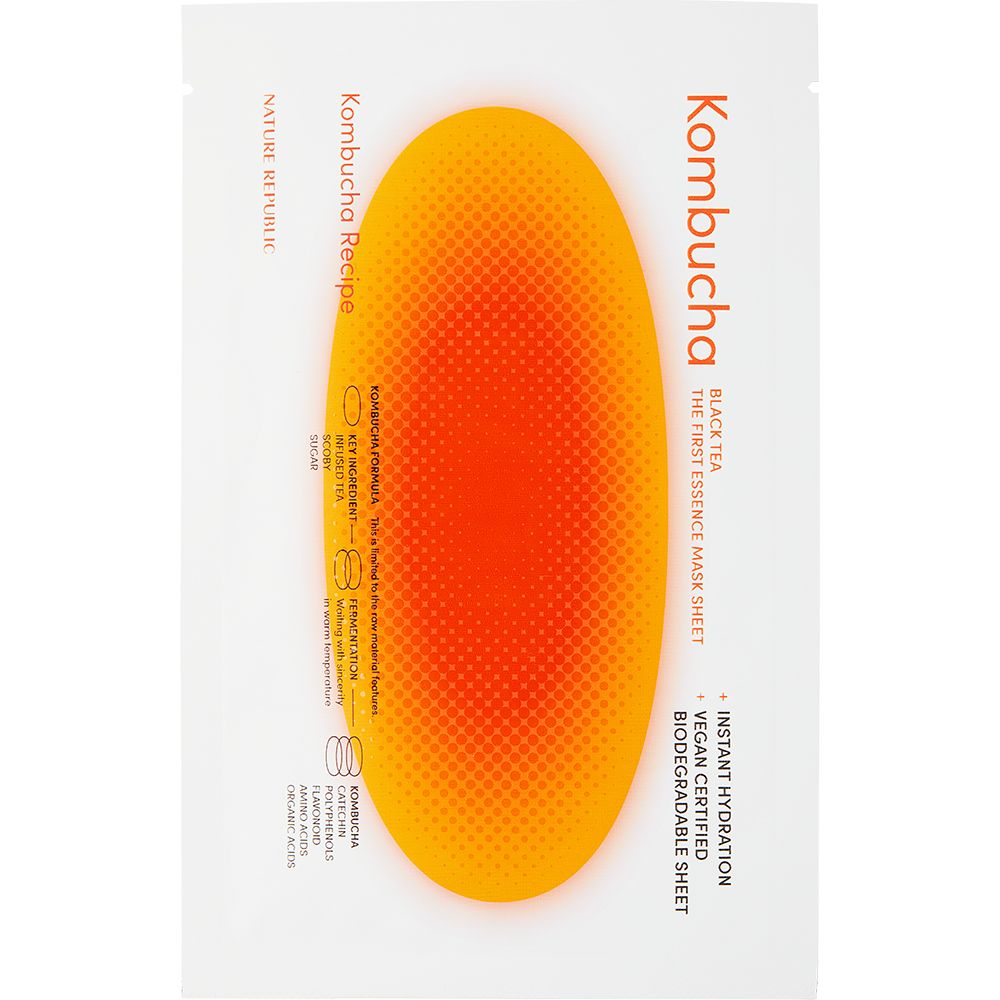 Emballage blanc avec masque orange. Texte: Kombucha, Black Tea, Instant Hydration, Vegan Certified, Biodegradable Sheet.