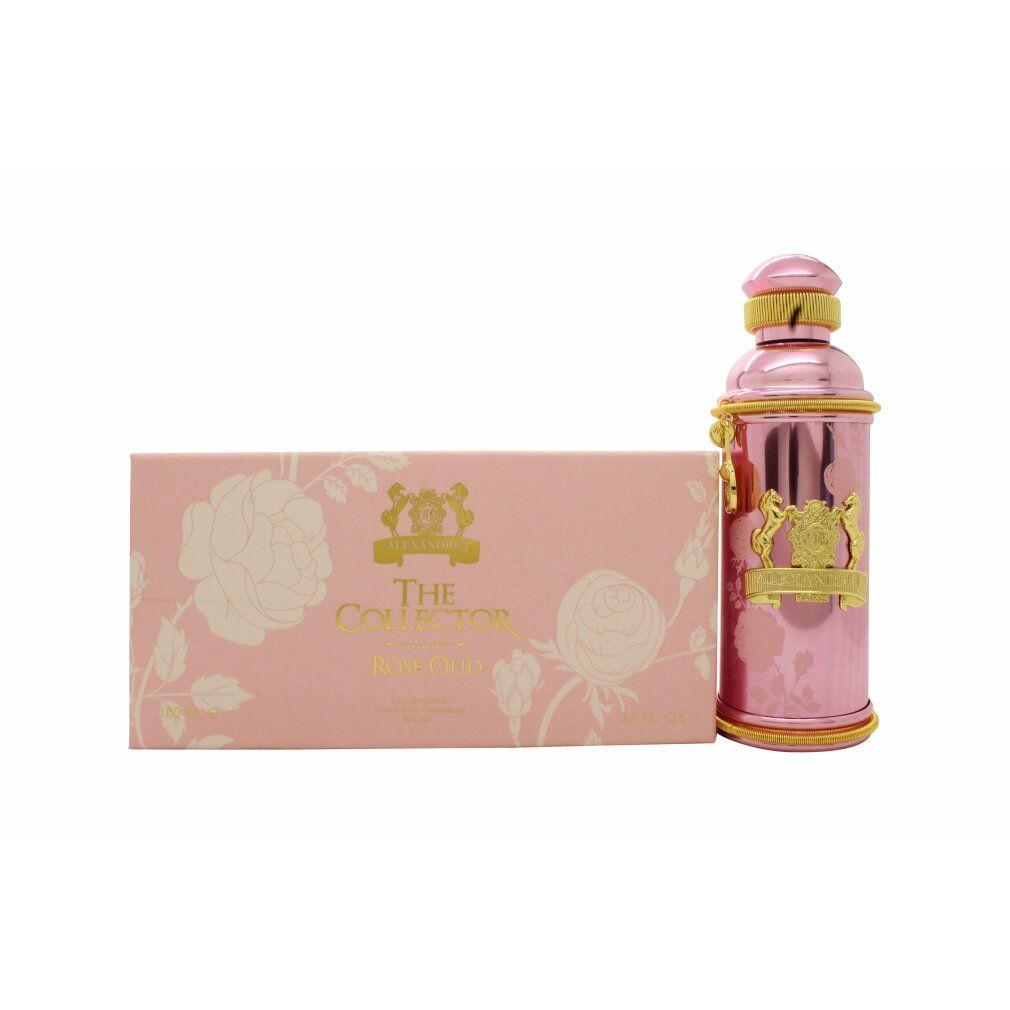 Roze fles met gouden details en roze verpakking. Opschrift: The Collector Rose Oud.