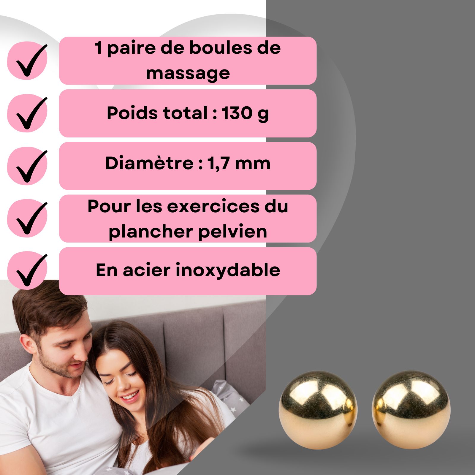 Deux boules dorées. Texte avec informations. Paire, 130g, diamètre 1,7 mm.