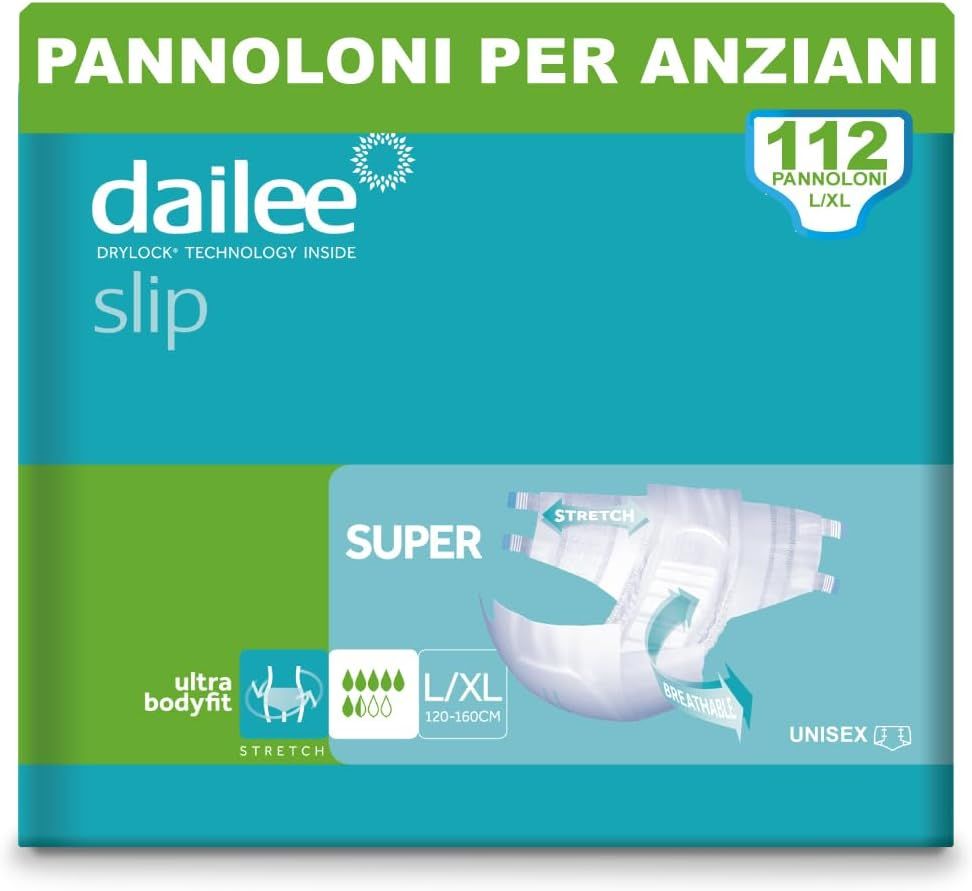 Dailee Slip Super incontinentieluiers voor volwassenen. Verpakking met 112 stuks, maat L/XL. Unisex.