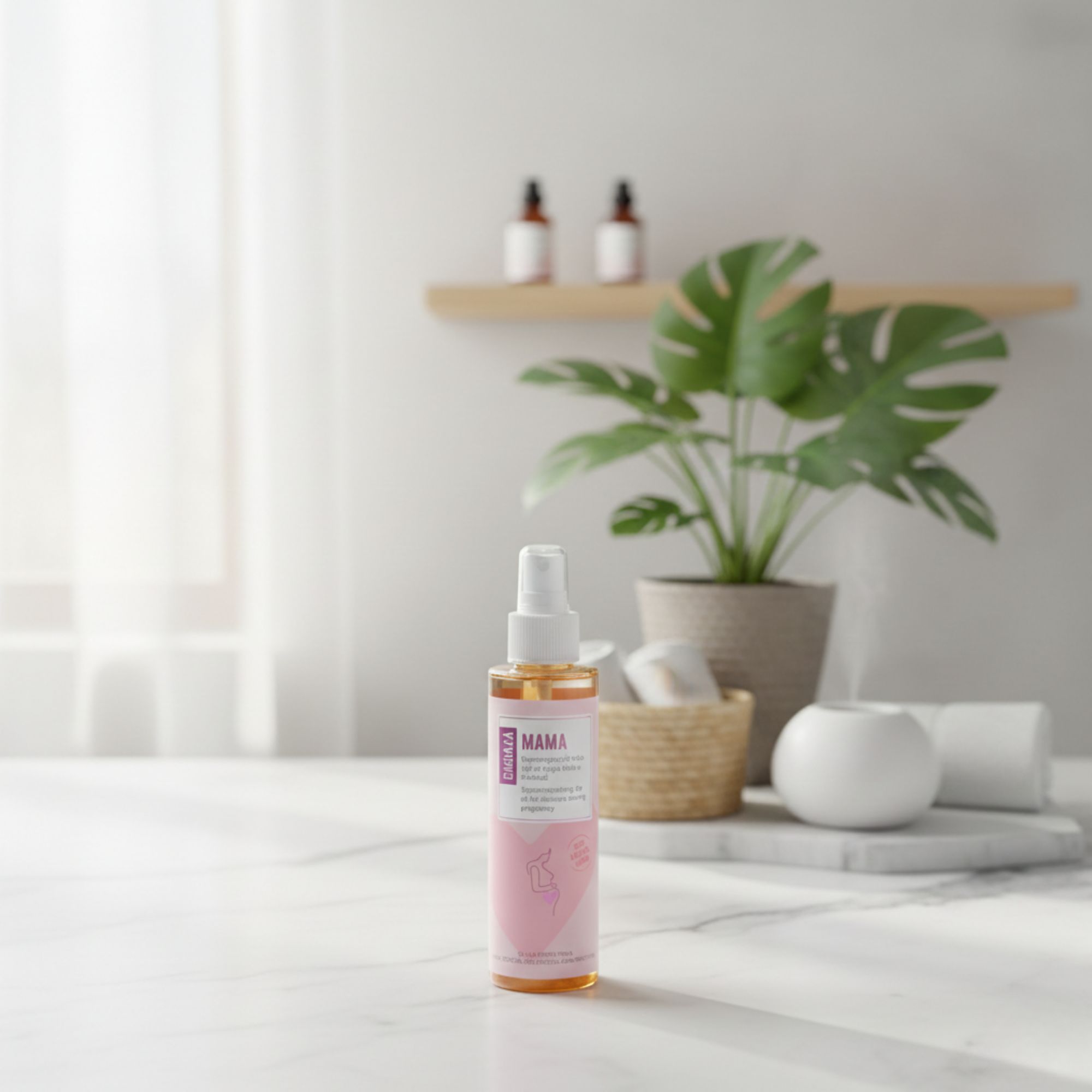 Flacon spray contenant un liquide jaunâtre. Étiquette rose avec texte et illustration. Arrière-plan : plantes, étagère, éléments décoratifs.