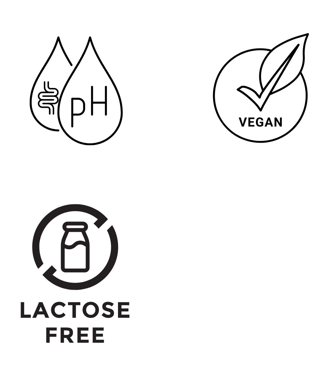 Drie symbolen: darm en pH, veganistisch zegel, lactosevrij. Zwarte contouren op witte achtergrond.