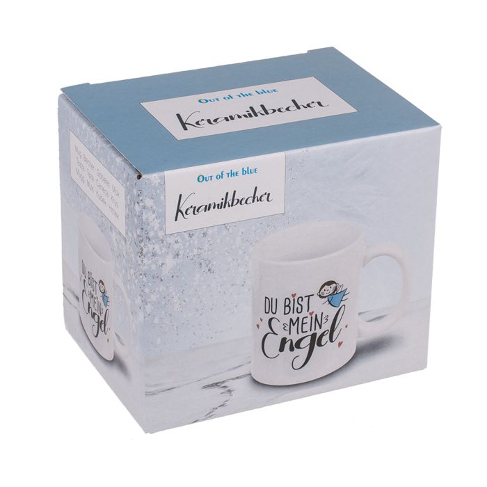 Witte keramische beker met oor. Opschrift: Du bist mein Engel. Verpakking met logo Out of the blue.