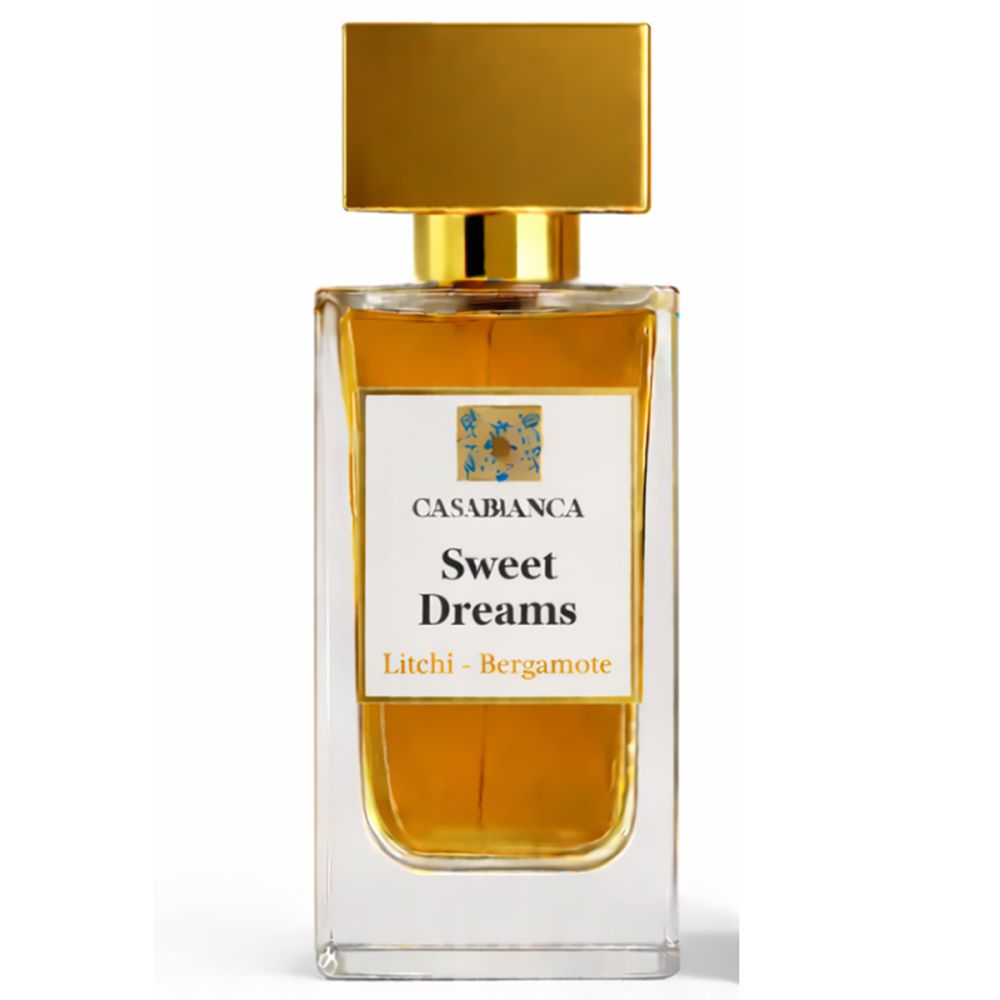 Parfumfles met gouden dop. Label met "CASABLANCA Sweet Dreams Litchi - Bergamote".