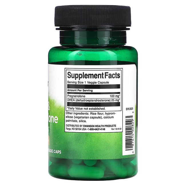 Dos du flacon vert avec bouchon noir. Étiquette avec informations nutritionnelles et ingrédients. Contient Pregnenolone et DHEA.