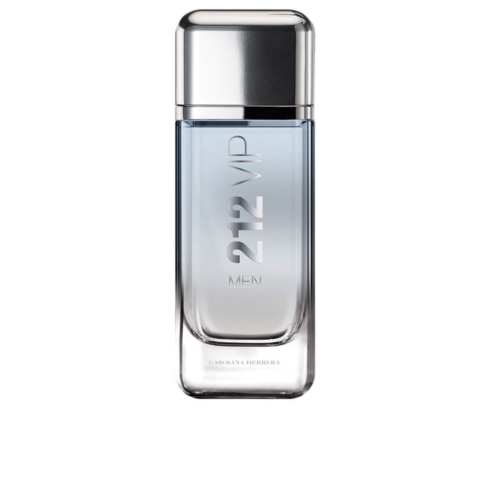 Flacon avec bouchon argenté. Inscription : 212 VIP MEN. Forme rectangulaire. Liquide bleu clair.