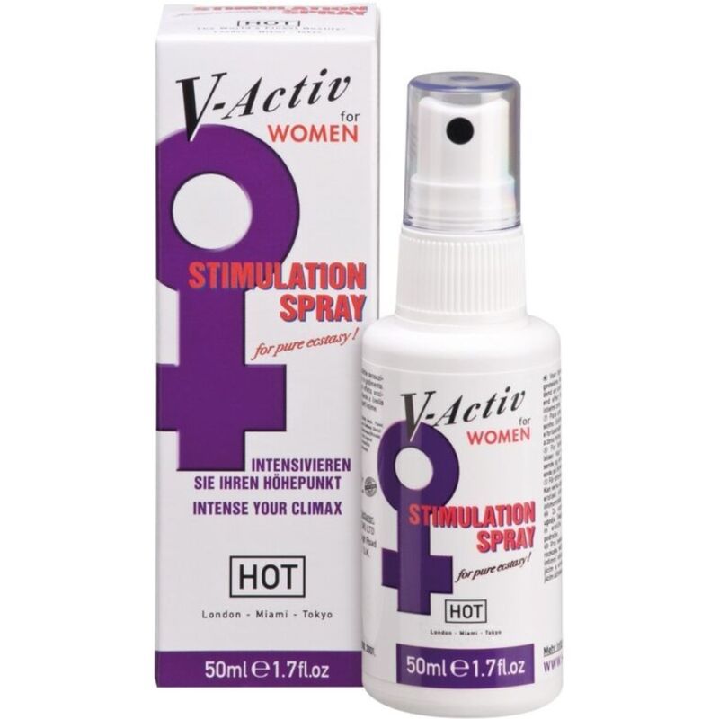 Witte fles met verstuiver en verpakking. Opschrift: V-Activ for WOMEN, STIMULATION SPRAY, HOT. 50ml.