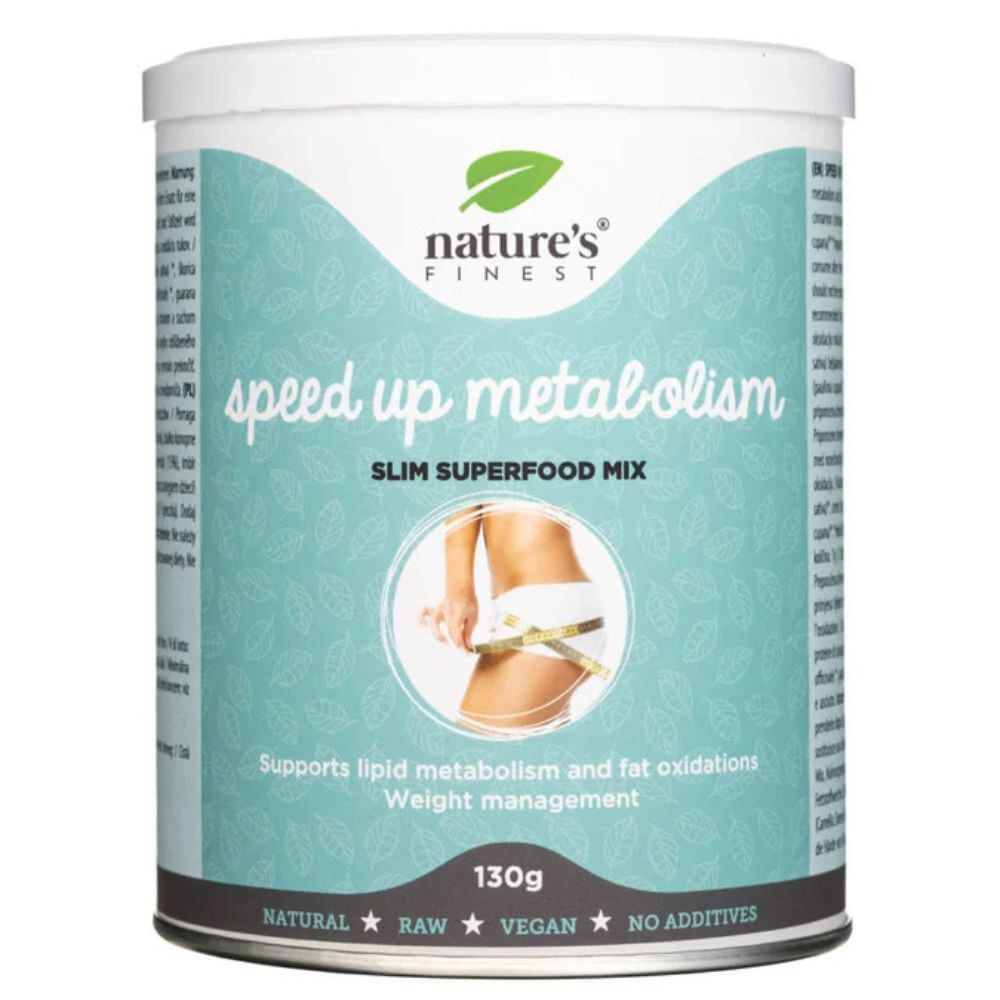 Boîte Nature's Finest. Inscription: Speed up Metabolism, Slim Superfood Mix. Contient 130g. Soutient le métabolisme des lipides et l'oxydation des graisses.
