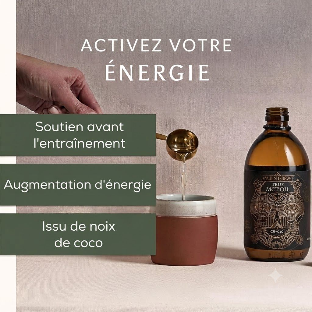 Bouteille en verre ambré d'huile MCT avec un design de crâne sur l'étiquette. À côté, de l'huile est versée dans une tasse.