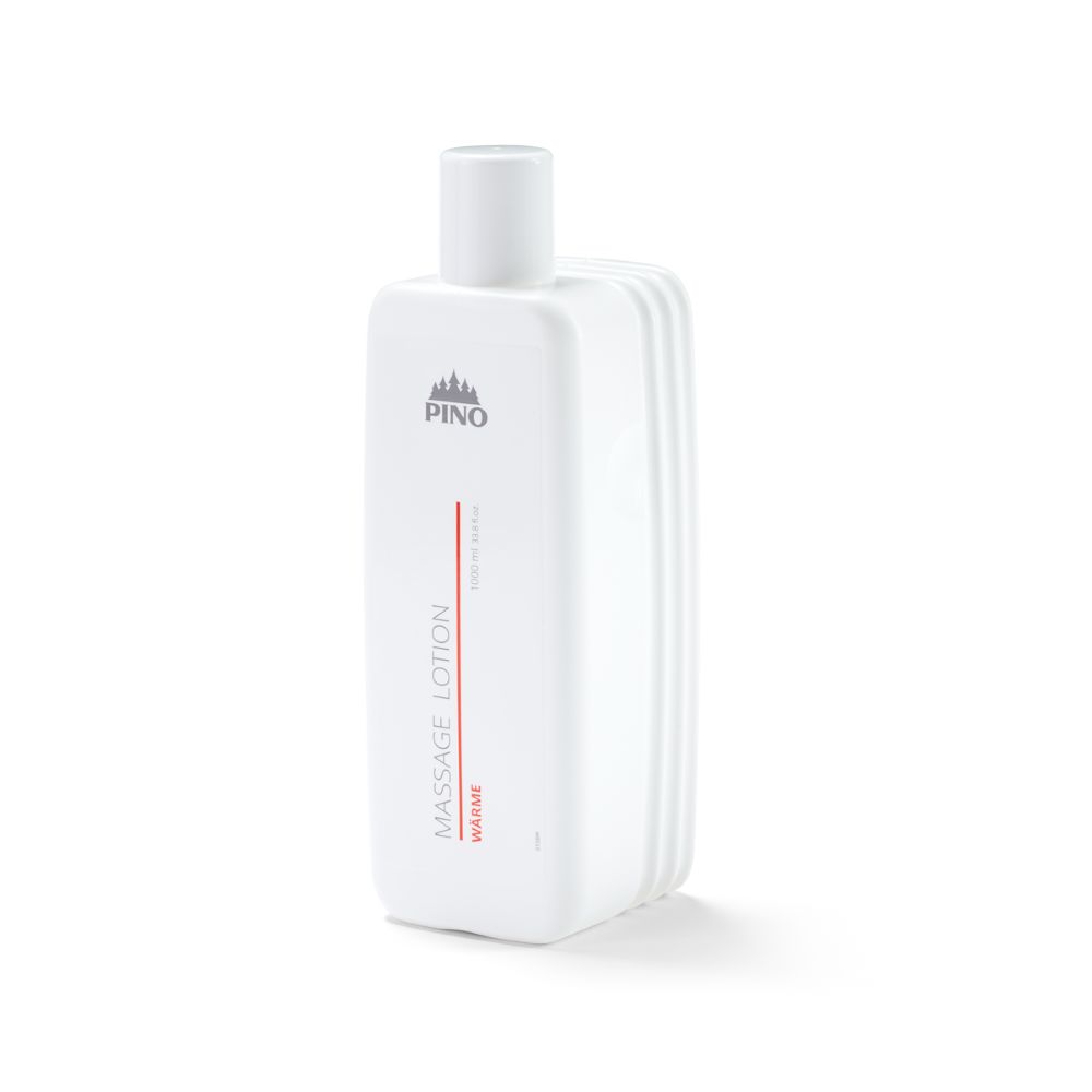 Flacon blanc avec logo PINO et ligne rouge. Inscription : MASSAGE LOTION. Nom du produit : WARME.