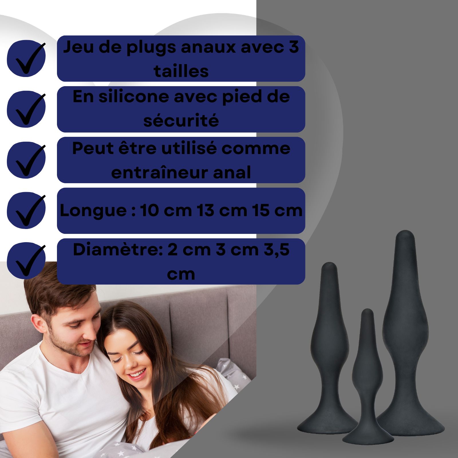Ensemble de 3 plugs anaux noirs en silicone. Tailles : 10, 13, 15 cm. Diamètres : 2, 3, 3,5 cm.