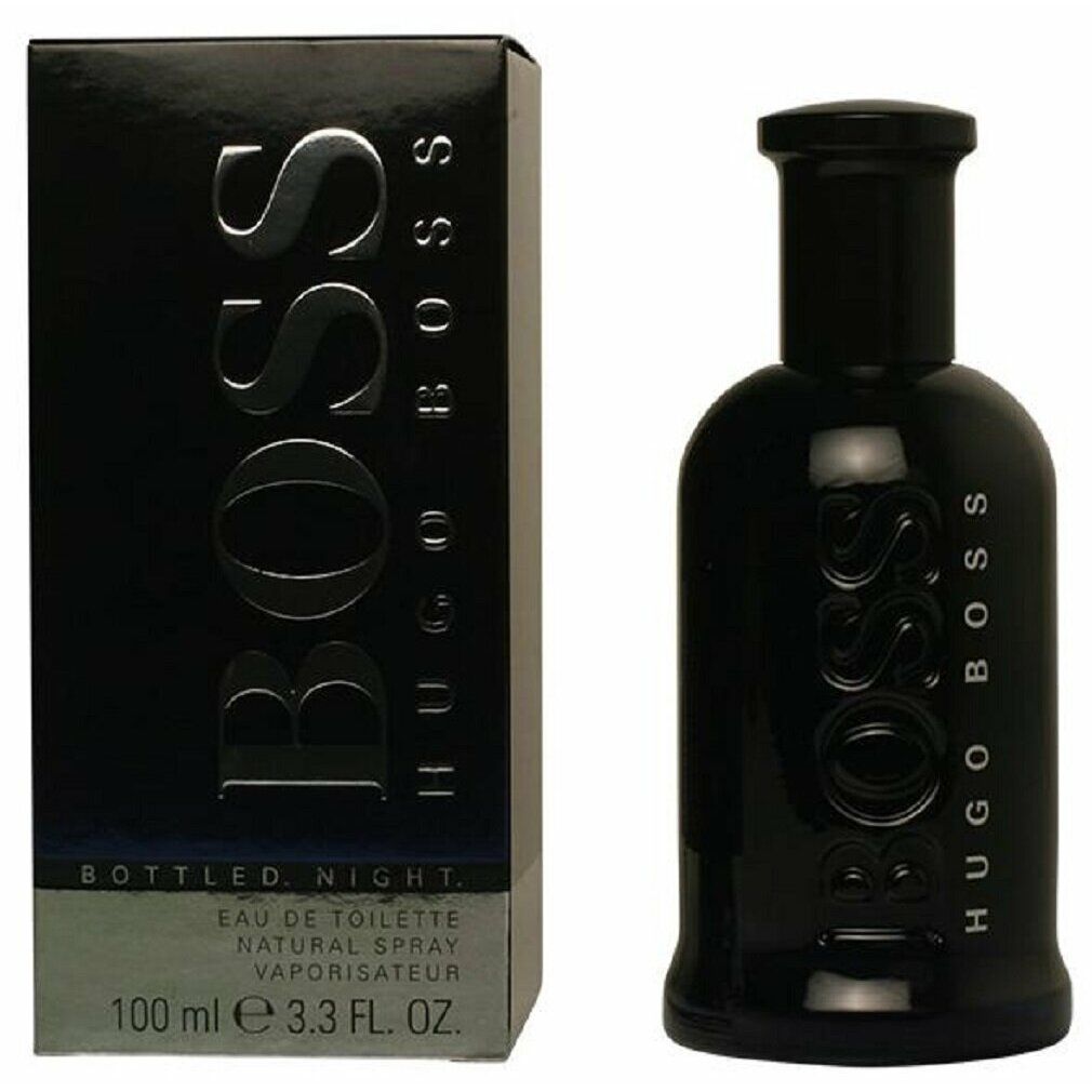 Flacon et boîte noirs. Logo BOSS HUGO BOSS. Texte "BOTTLED NIGHT". Eau de Toilette Spray.