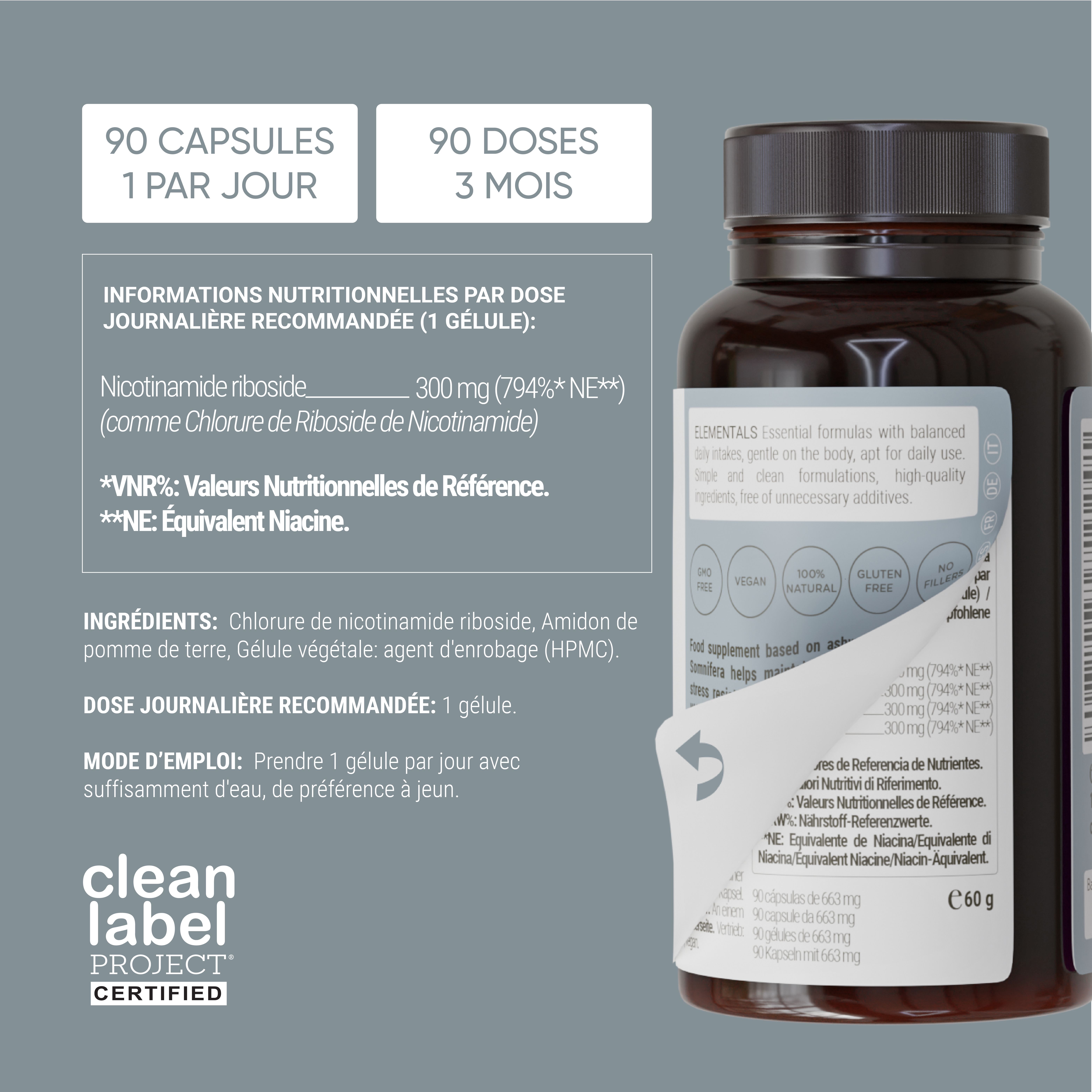 Bouteille de 90 capsules de Nicotinamide Riboside, informations nutritionnelles.