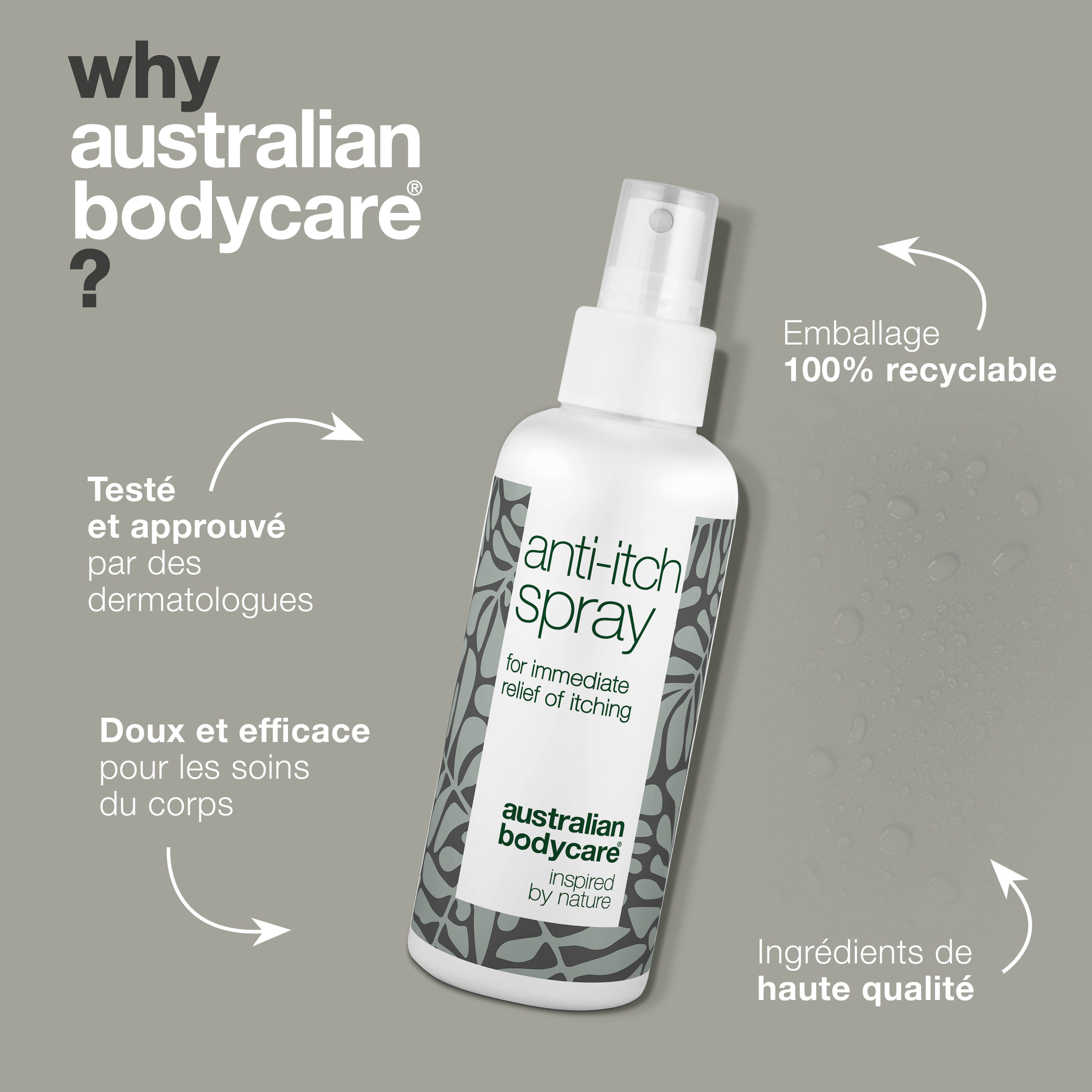 Spray anti-démangeaisons avec texte : 'Testé et approuvé par des dermatologues'.