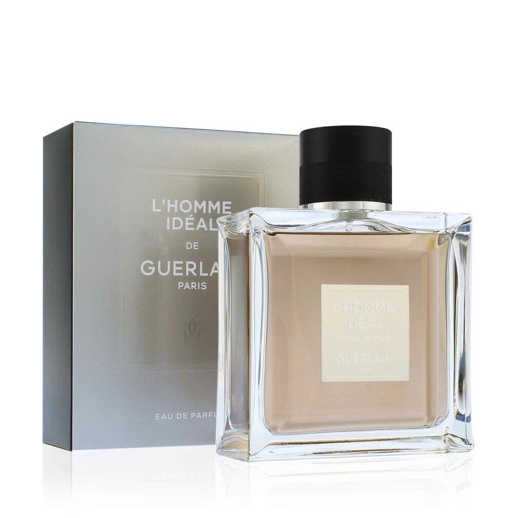 Guerlain L'Homme Ideal Eau de Parfum fles en verpakking. Vierkante fles, zwarte dop. Tekst: L'Homme Ideal, Guerlain.