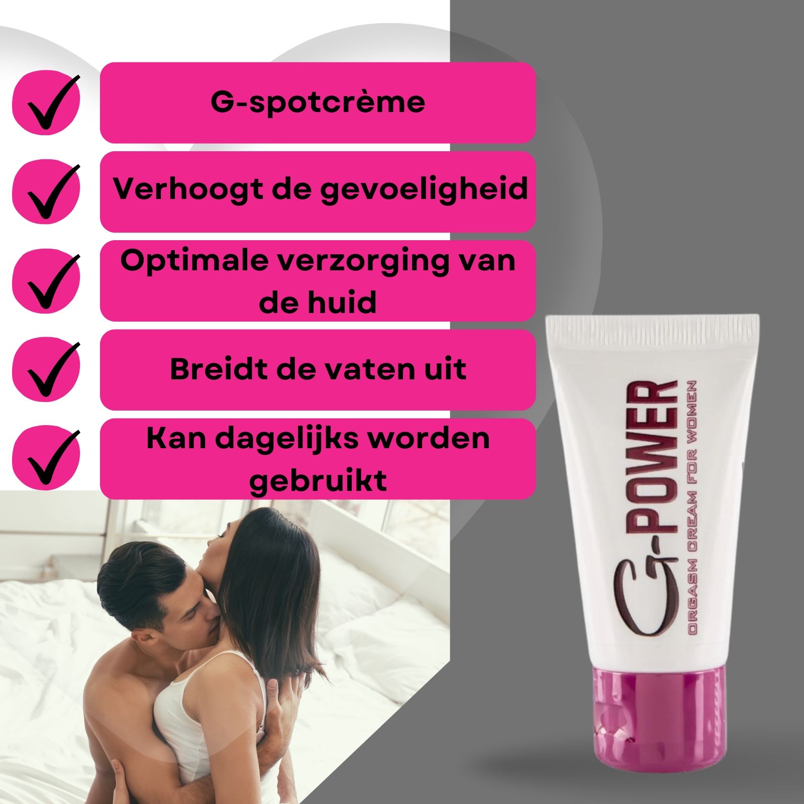 G-POWER crèmetube. Tekst: Orgasme crème voor vrouwen. Roze en witte kleuren. Paar op de achtergrond.