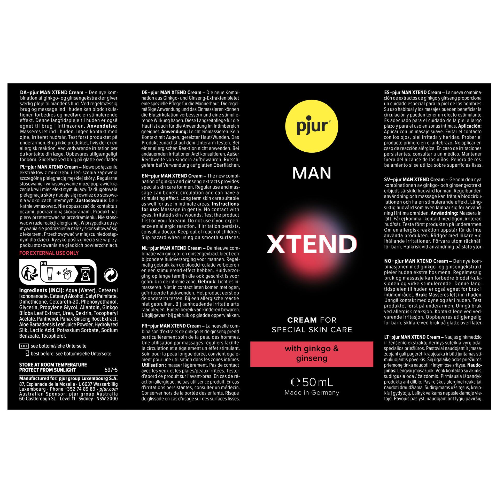 Achterkant van de pjur® MAN Xtend Cream verpakking met productinformatie.