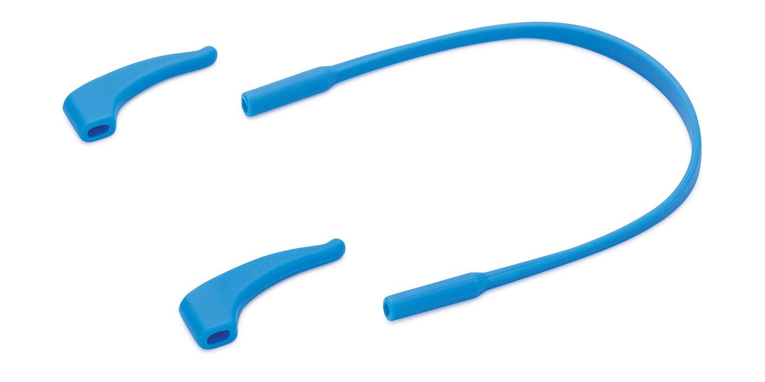 Cordon de lunettes bleu et deux embouts de branches bleus. Pour lunettes de soleil pour enfants.