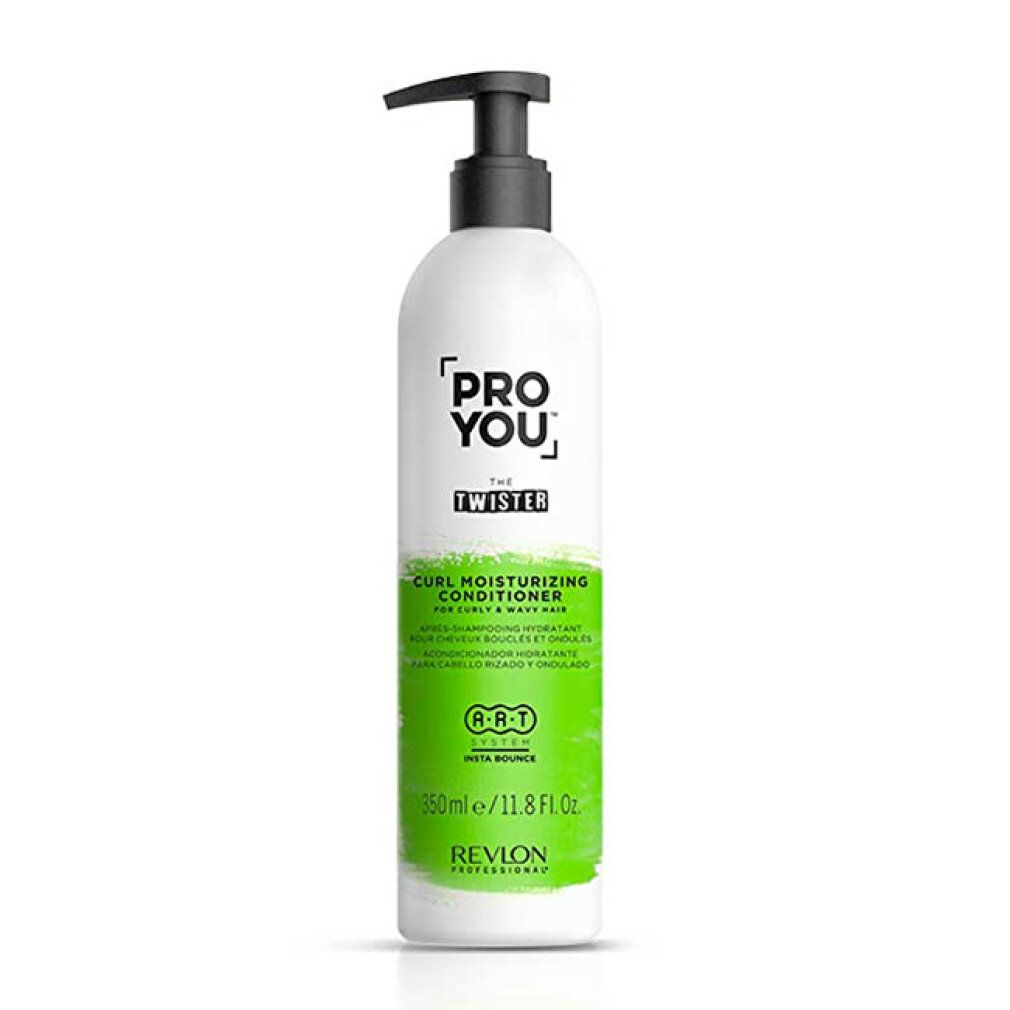 Flacon blanc avec pompe noire. Inscription : Pro You The Twister. Impression verte et blanche. 350ml/11.8 Fl. Oz. Revlon Professional.