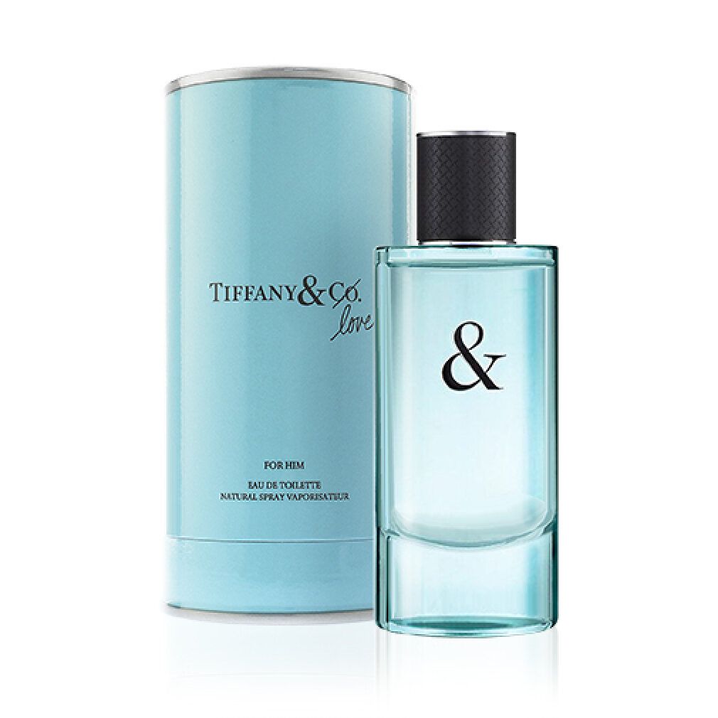 Turquoise verpakking en fles. Fles met zwarte dop en & symbool. Opschrift: Tiffany & Co. Love.