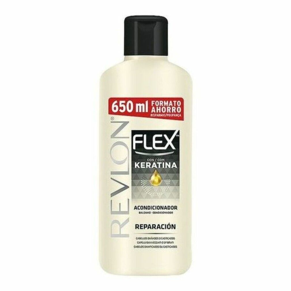 Fles Revlon Flex Conditioner. Zwarte dop, crème fles. Opschrift: Flex, Keratine, 650 ml.