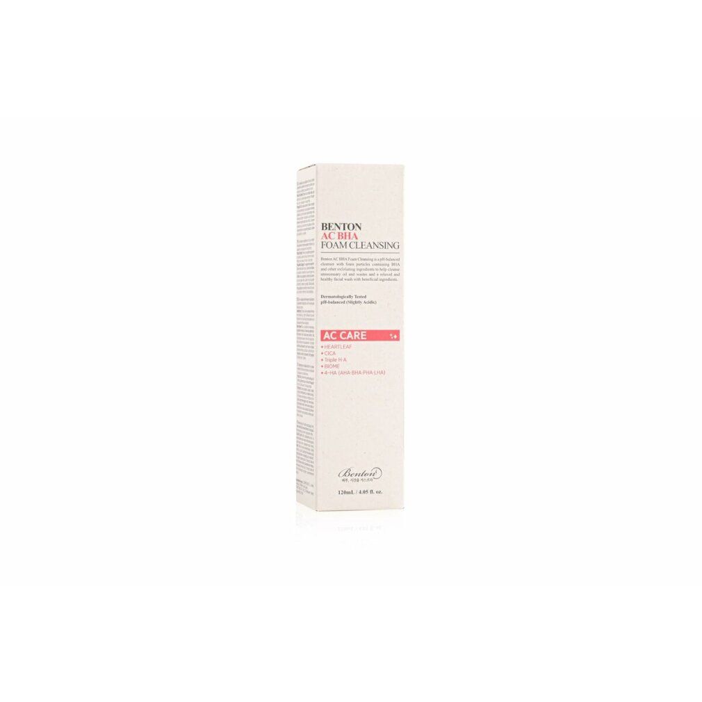 Wit product met rode tekst. Tekst: Benton, AC Care Foam Cleansing, 150ml.