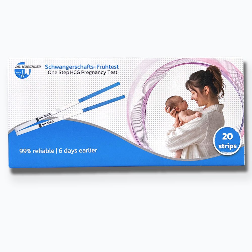 Boîte de 20 tests de grossesse. Montre deux bâtonnets tests et une femme avec un bébé.