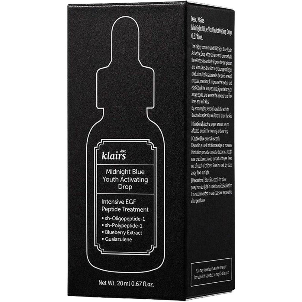 Zwarte doos met productafbeelding en tekst. Op de doos staat "Midnight Blue Youth Activating Drop".
