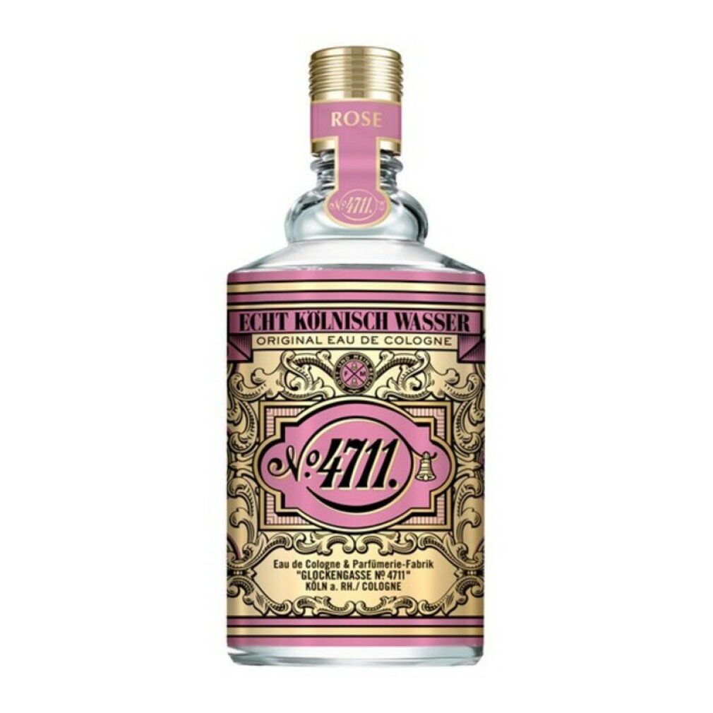 Flacon en verre avec étiquette rose, détails dorés et inscription '4711 Rose'. Bouchon doré.