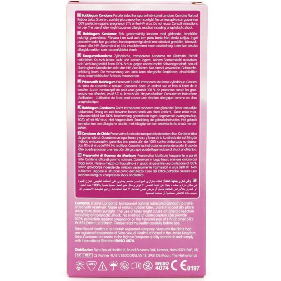 Dos de la boîte de préservatifs. Informations textuelles multilingues. Détails sur les ingrédients et le fabricant.