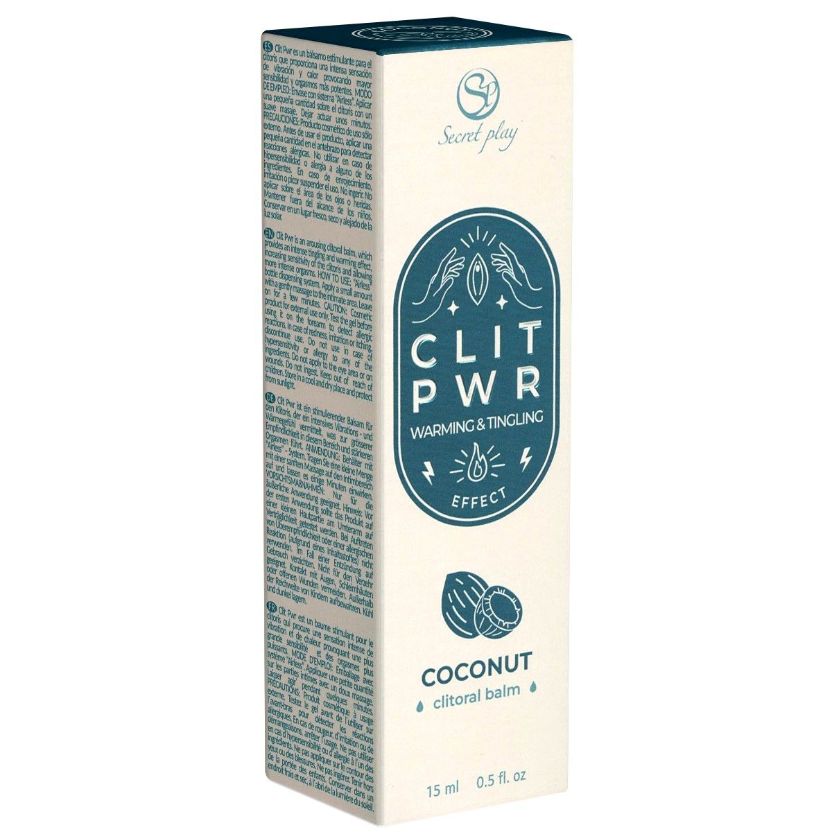 Kartonnen verpakking met productnaam CLIT PWR. Bevat informatie over kokosnoot en clitorale balsem. 15 ml, 0,5 fl. oz.